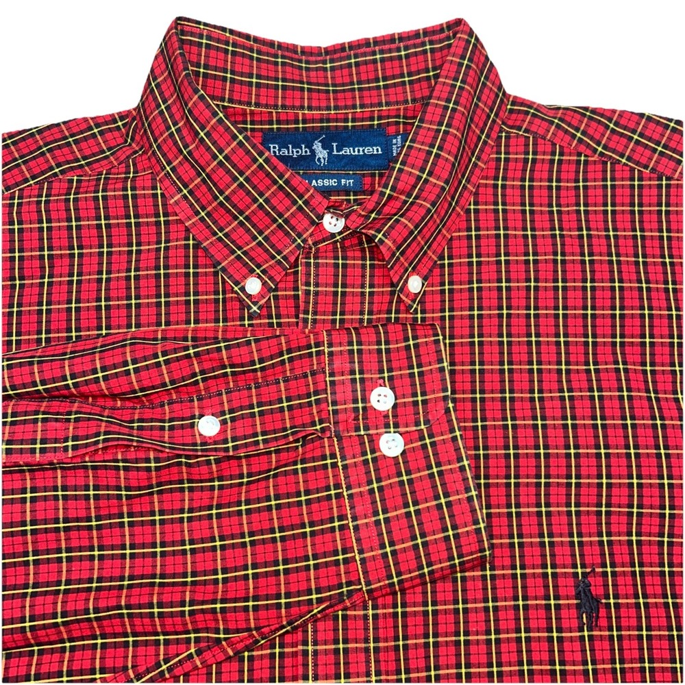 Polo Ralph‎ Classic Fit Button Down Men's 17 XL, Red Yellow Black Checker Plaid